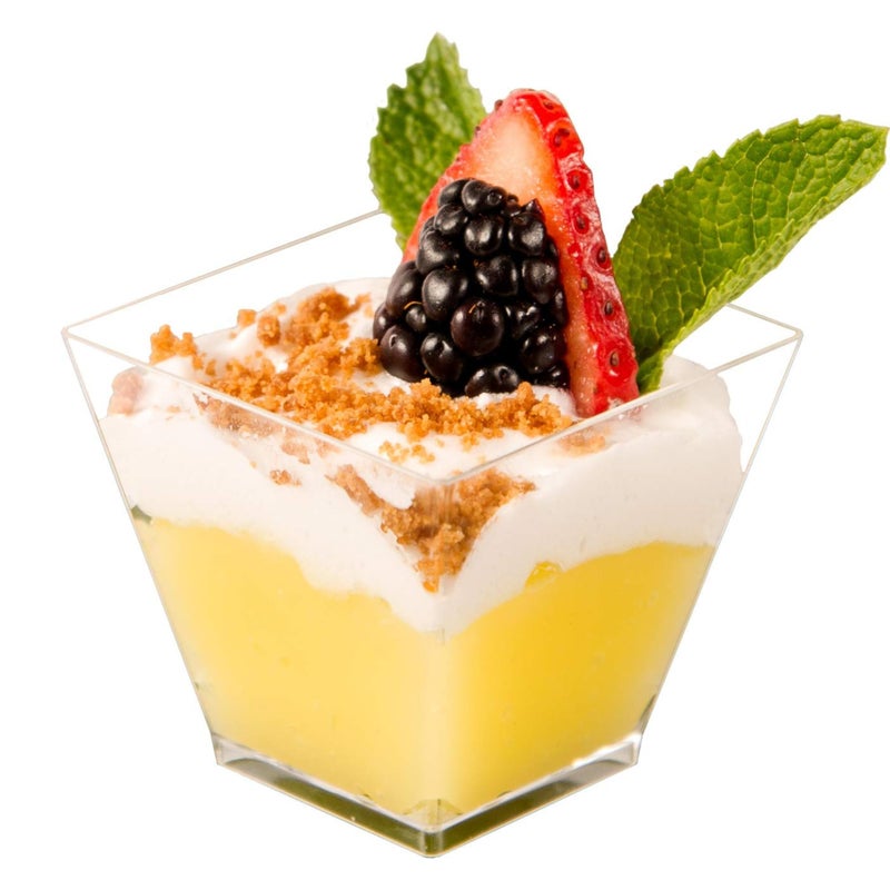 DLux 100 x 2oz Square Mini Dessert Cups (No spoons), Clear Plastic Parfait Appetizer Cup - Small Reusable Serving Bowl for Tasting Party Desserts Appetizers - With Recipe Ebook - Image 1